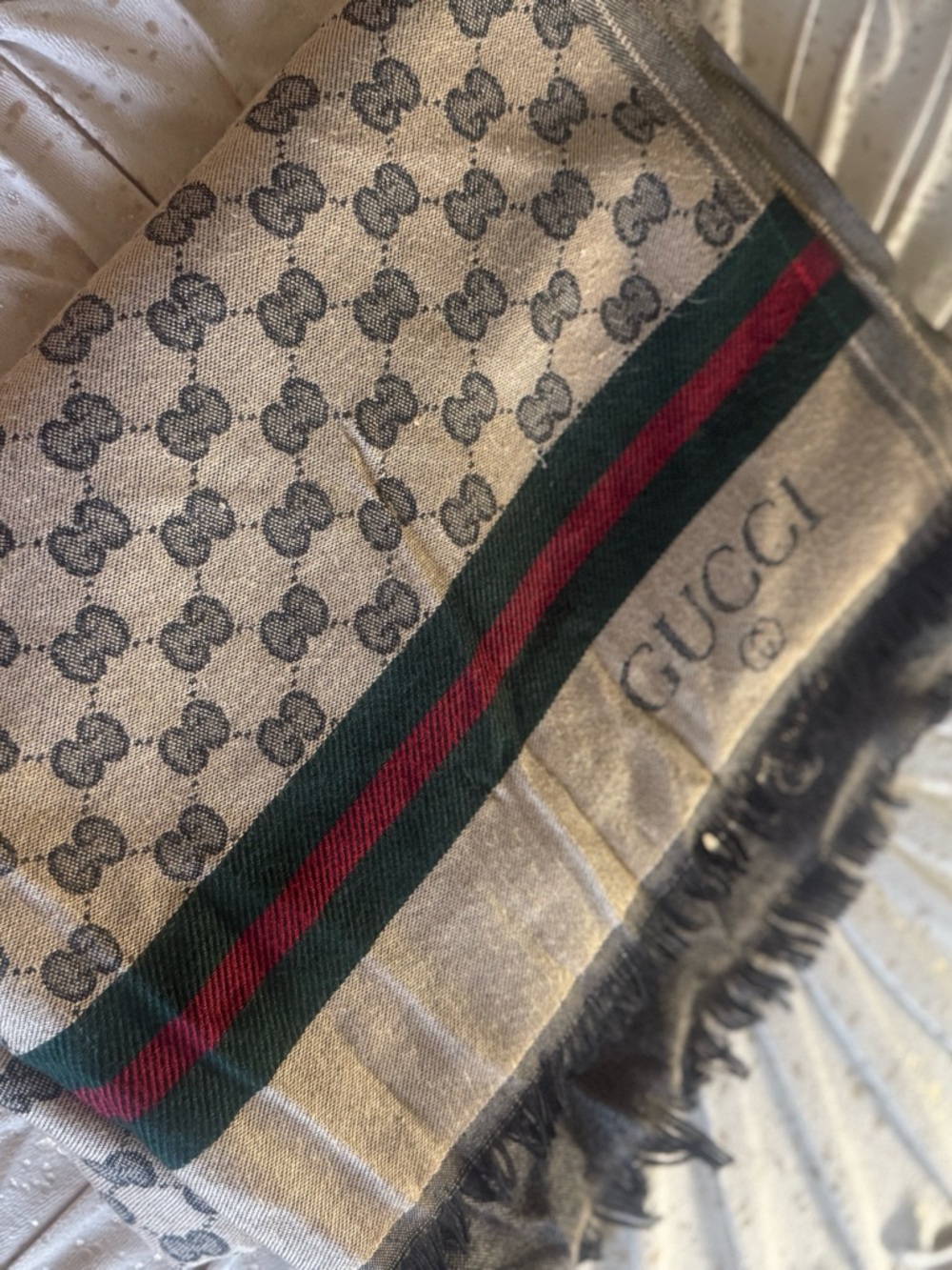 Gucci Beige Monogram Scarf with Green and Red Web Stripe